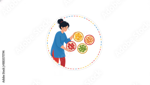 Woman setting bowls of snacks. Flat design vector illustration of a hostess preparing appetizers. Stylized character isolated on white background
