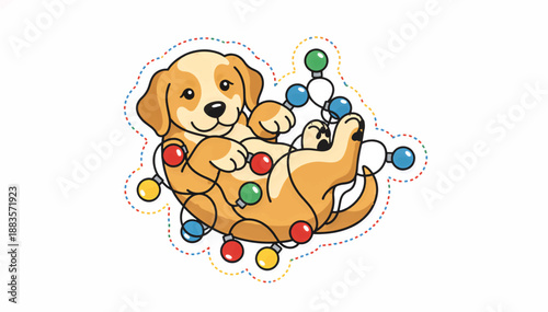 Puppy tangled in holiday lights. Cartoon dog with colorful Christmas bulbs. Stylized vector illustration isolated on white background. Playful festive pet graphic