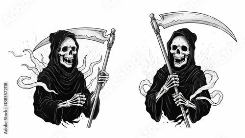 Two Grim Reapers in hooded robes hold scythes, surrounded by swirling shadows in eerie black-and-white style.