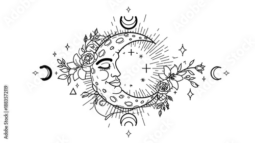 A mystical moon illustration with a serene face surrounded by celestial elements and flowers