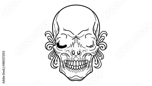 A black and white vector illustration of a skull with floral designs on its cheeks