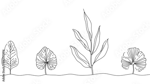 A minimalist vector illustration of four different plant species growing in the ground