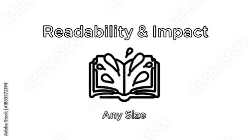 A minimalist vector graphic illustration of an open book with leaves, symbolizing readability and impact in a simple design