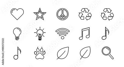 A set of minimalist line art icons representing various universal symbols and objects