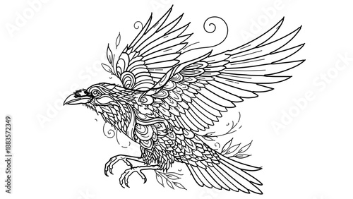 A raven in flight with wings adorned by swirling floral patterns and decorative motifs in black linework.
