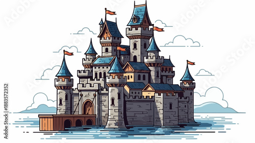 A medieval castle with blue spires and red flags stands surrounded by water under a whimsical sky.
