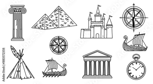 Black-and-white icons depict historical and cultural symbols including pyramids, castles, Viking ships, and a pocket watch.