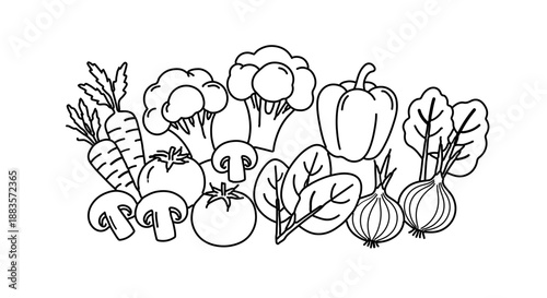 A clustered black-and-white line drawing of assorted vegetables including carrots, broccoli, mushrooms, and leafy greens.
