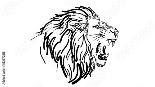 A fierce lion's head in a bold, black and white vector illustration with a dynamic mane and open mouth.