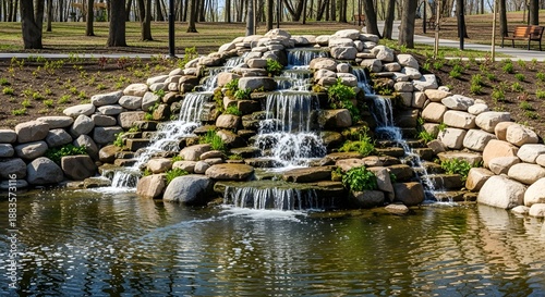 Malevich Park, Odintsovo urban district, Moscow region, Russia, New pond with large multi-level waterfall lined with stones
