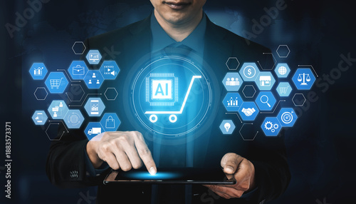 Billede på lærred AI-powered e-commerce ecosystem connecting customer data, marketing, logistics,