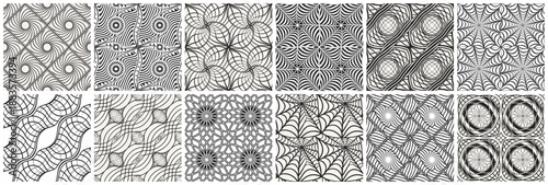 Set of 12 seamless abstract geometric patterns with intricate line art, optical illusions, swirls, and decorative linear waves