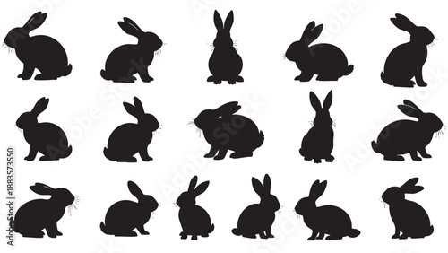 Collection of black rabbit silhouettes on transparent background for design and illustration purposes