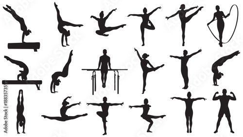 Collection of diverse gymnastic and acrobatic poses in black silhouettes for fitness and dance concepts