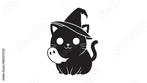 Cute Halloween Cat Wearing Witch Hat and Eating Ghost Isolated on Transparent Background