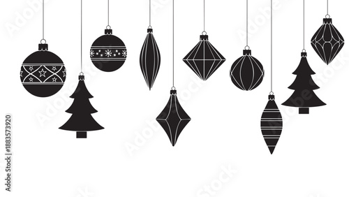 Elegant Black Christmas Ornaments and Pine Trees Hanging Decorations