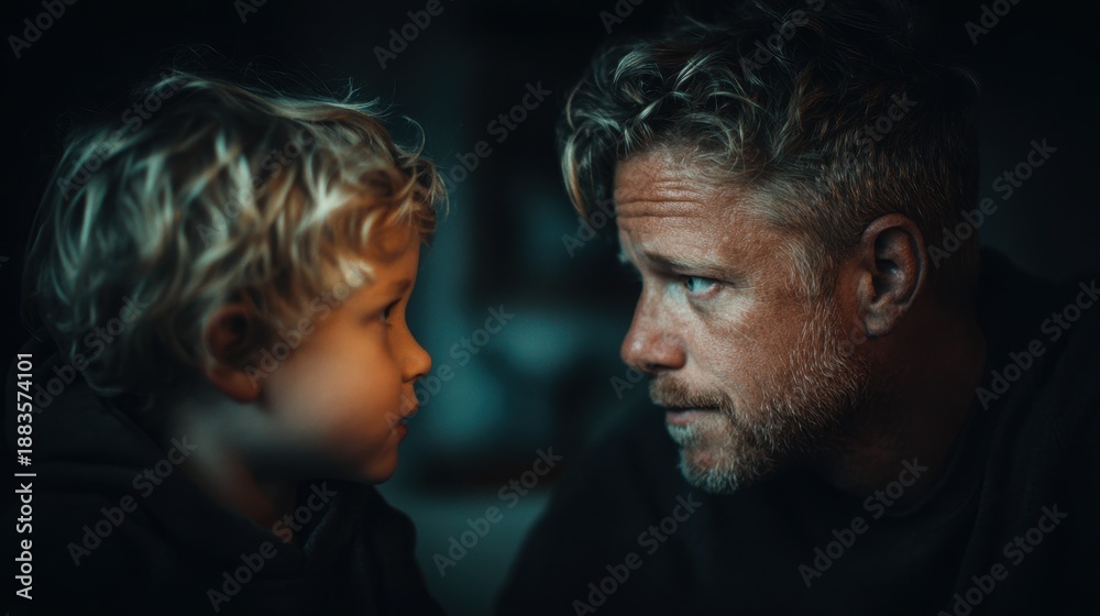 Obraz premium Father and son have serious conversation in a dimly lit room during evening hours