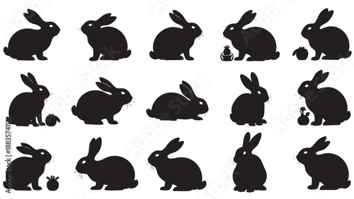 Set of black rabbit silhouettes in various poses and with different objects
