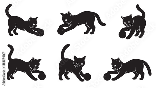Set of Playful Black Cats with Balls Illustration on Transparent Background