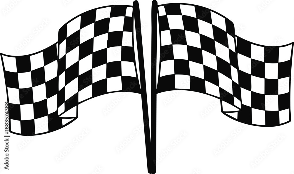 Fototapeta premium Two checkered racing flags waving on poles symbolizing victory and competition isolated on a white background for sports graphics