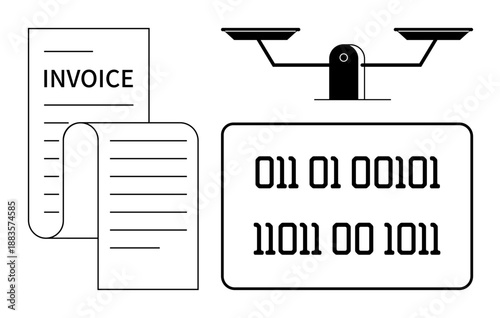Financial technology, data processing, digital transactions, accounting systems, coding, and data security. Image shows binary code on a scale and an invoice. Financial technology and data processing
