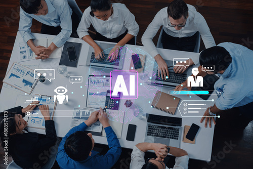Canvas Print A diverse team collaborates in a modern office, engaging with artificial intelligence technology and discussing innovative ideas for future projects and solutions