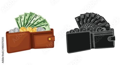 a brown wallet filled with money and coins alongside a black wallet silhouette
