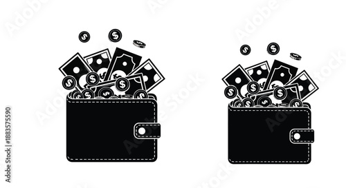 two wallets overflowing with money and coins a graphic illustration of wealth