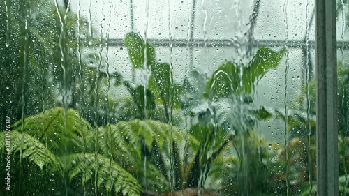 Rainy window view of a lush green garden with raindrops nature and botanical scenery