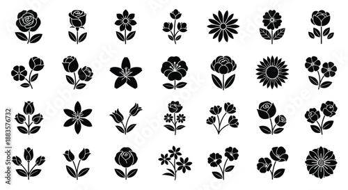 a collection of various floral icons and decorative flower illustrations in black