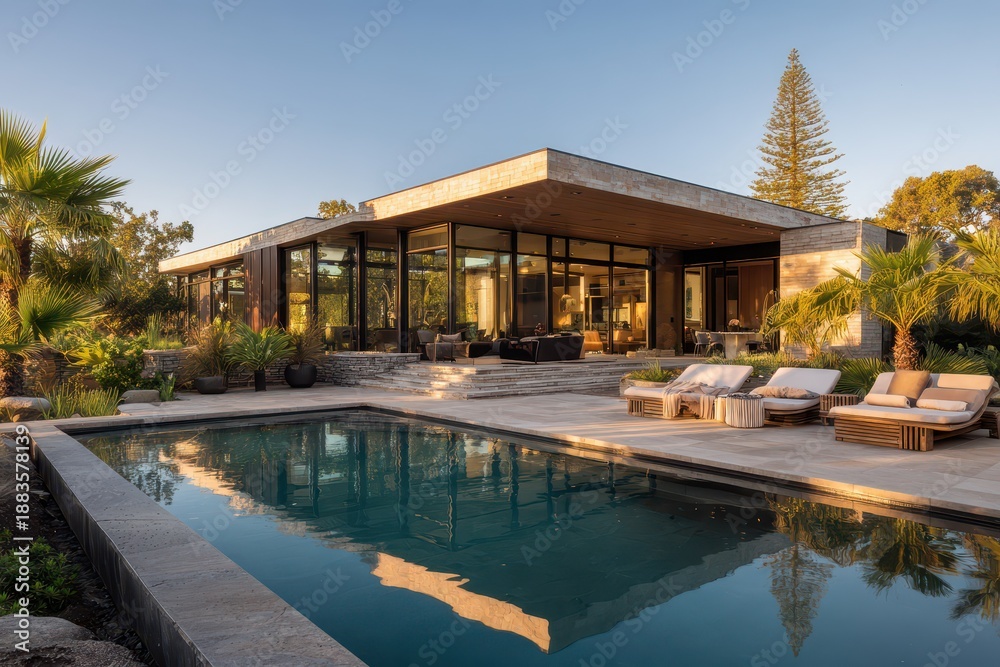 Fototapeta premium Modern house exterior with swimming pool, stone terrace and lush landscaped garden with sun loungers