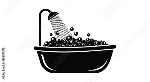 a black and white illustration depicts a bathtub with a shower and bubbles