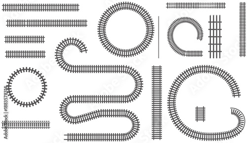 Railway Train Track Vector Route Set with Rail Lines, Subway Map Elements, Circular Curved Railroad Paths and Editable Track Icons for Game UI and Graphic Design