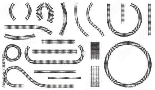 Railway Train Track Vector Route Set with Rail Lines, Subway Map Elements, Circular Curved Railroad Paths and Editable Track Icons for Game UI and Graphic Design