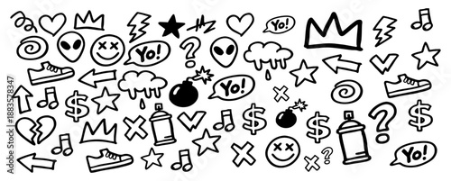 A comprehensive collection of hand-drawn black and white graffiti doodles and street art elements on a white background.