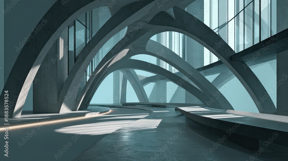 Fototapeta premium Abstract futuristic bridge architecture: a 3D render on a concrete floor with intersecting arches