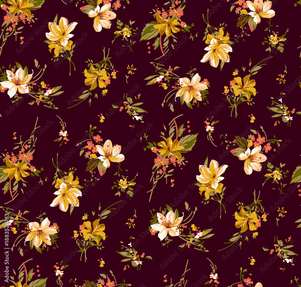 Obraz premium Seamless Floral Pattern with Vintage Flowers on Burgundy Background
