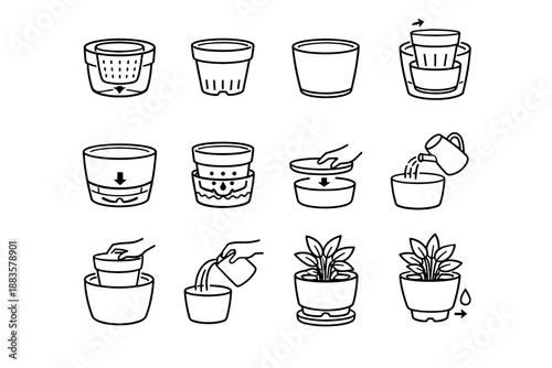 Vector minimalist aesthetics system icon plant calm double drainage logic clean pot