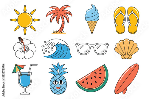 Summer Beach Icons Vector Set with Sun, Palm Tree, Ice Cream, Flip Flops, Ocean Wave, Sunglasses, Pineapple, Watermelon, Surfboard, and Tropical Elements in Colorful Flat Cartoon Style