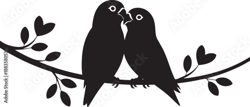 Lovebirds Silhouette Romantic Black Birds on Branch with Leaves for Valentines Day