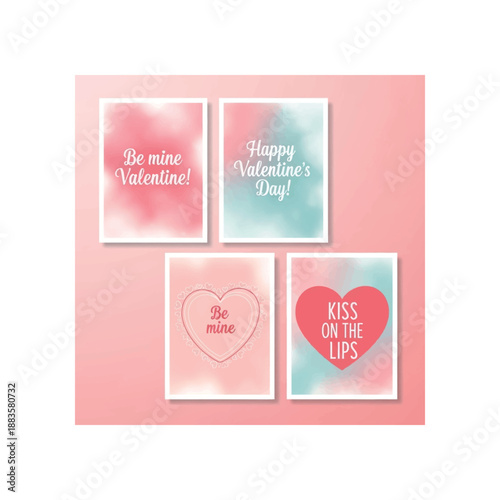 Valentine's Day greeting card collection with hearts and romantic messages on pastel pink background