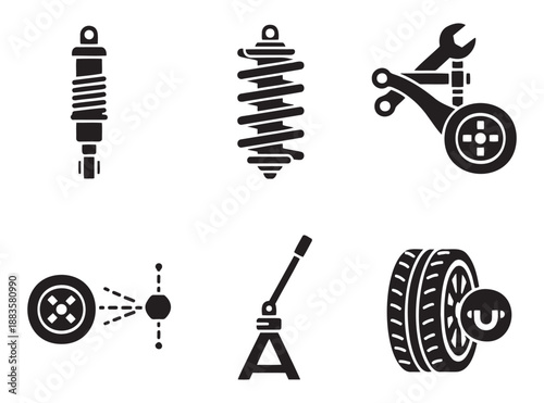 Car repair icons set: Automotive including shock absorber, spring, wrench, tire, and jack