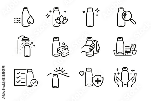 Care mindful maintenance clarity hygiene water vector bottle daily icon minimalist