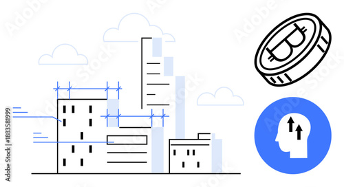 Cryptocurrency concept. Cryptocurrency linked to urban advancements combining digital currency with blockchain innovation. Cryptocurrency in city evolution and financial technology. Perfect