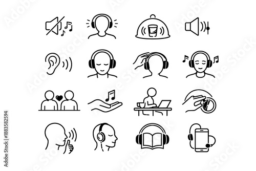 Vector cue quiet listening step icons containment caf clarity headphones use icon