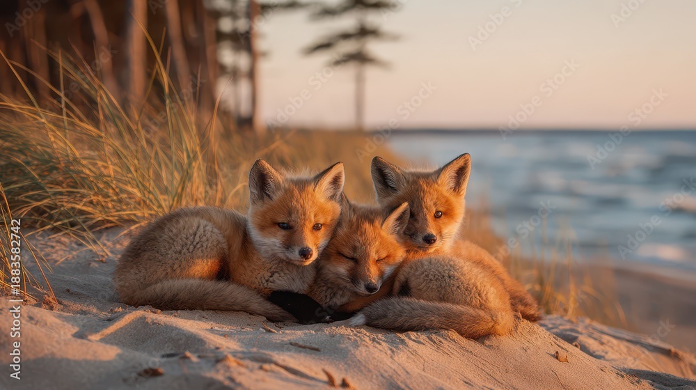 Fototapeta premium Playful fox cubs snuggling on a coastal shoreline with dune grasses and pine backdrop