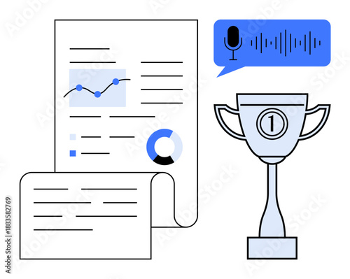 Data analysis concept. Data analysis with charts, progress tracking, and an audio recording system. Data analysis highlighting achievements and communication techniques. Perfect for business