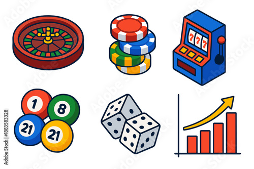 Games of Chance Icons. Isometric vector illustration set Games of Chance: roulette wheel, poker chips, slot machine, lottery balls