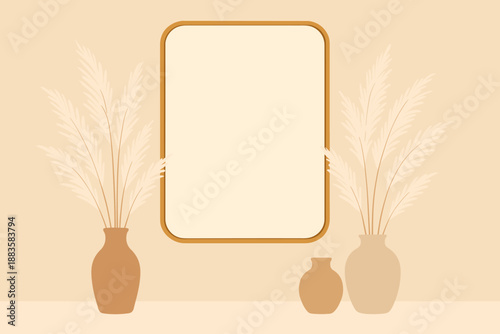 Elegant Minimalist Mirror. Minimalist golden mirror frame placed on a soft beige wall, surrounded by dried pampas grass in ceramic