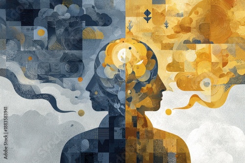 Wallpaper Mural Illustration of a person facing two mindscapes: a rigid gray left side representing fixed mindset and a flowing luminous right side symbolizing open, positive thinking Torontodigital.ca